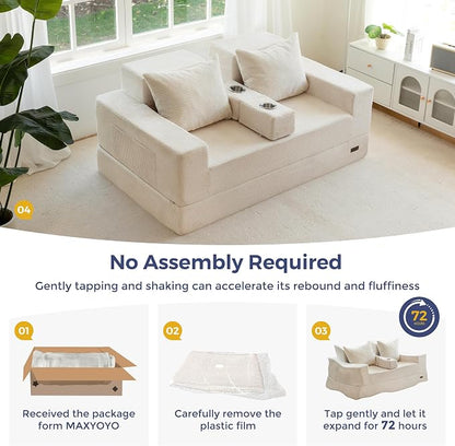 MAXYOYO Loveseat Sofa Bed, 64" Foldable Floor Sofa Couch in A Box with 2 Cup Holders, 4 in 1 Convertible Boneless Couch Folding Recliner Chair for Living Room, No Assembly Required, Beige