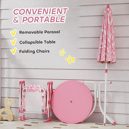 Qaba Kids Picnic Table and Chair Set, Outdoor Activity Table with Foldable Chairs, Removable Umbrella, Unicorn and Rainbow Pattern Toddler Patio Furniture for Backyard, Garden, Pink