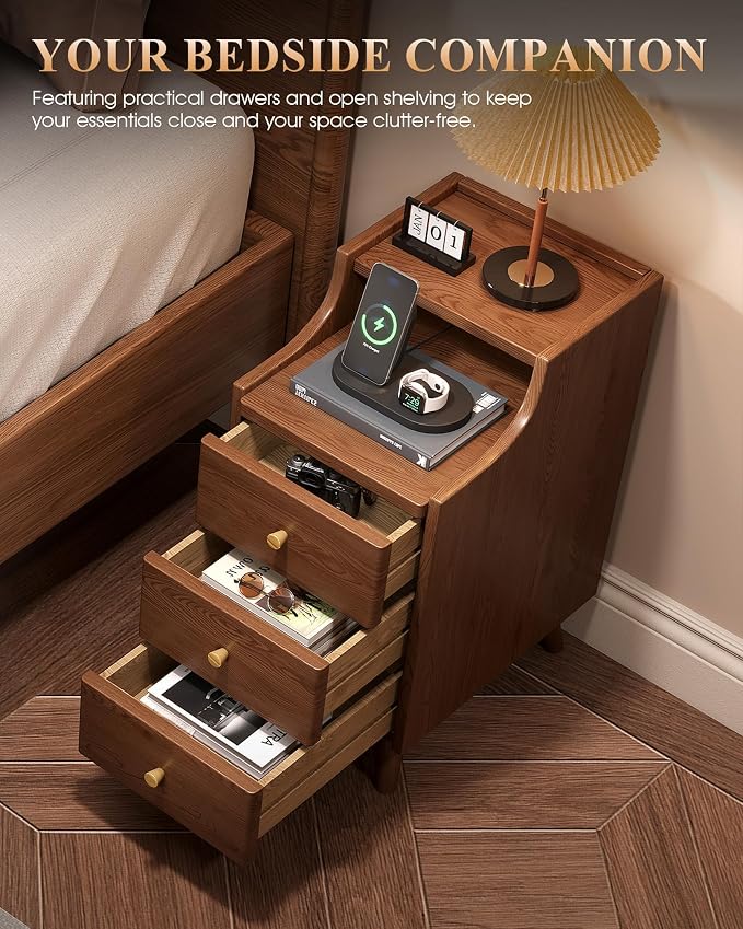 Narrow Nightstand with Drawers, 11.8" Solid Wood Nightstand with Open Shelf & Cable Hole, Modern Night Stand Slim Bedside Table for Small Spaces, Bedroom, Study