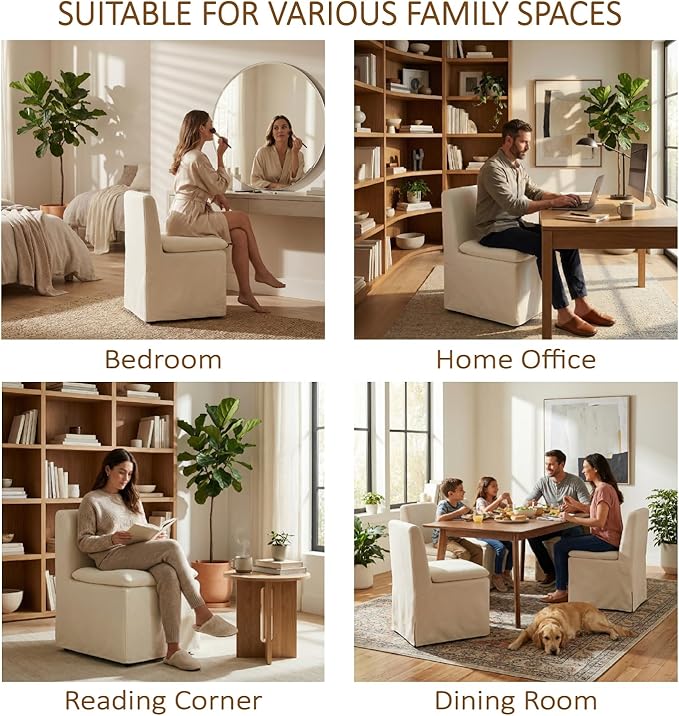 KISLOT Upholstered Dining Chairs Set of 4 with Casters, Modern Armless Kitchen Chairs with Removable Washable Cover, Chenille Velvet Fabric, Sturdy Metal & Wood Frame, 19.5" Seat Height, Sand