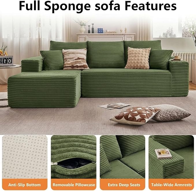 Sectional Couches for Living Room Cloud Couch Sofa with L-Shape Couch in a Box Upholstered Boneless Couchs Modern Modular Sectional Couch with Chaise (Green,B-3 Seater-Left-Facing Chaise-96 inch)