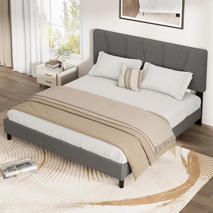 GarveeHome Queen Size Bed Frame with Upholstered Headboard, Modern Fabric Platform Bed Frame with Wooden Slat Support, Adjustable Headboard, No Box Spring Needed, Noise-Free, for Bedroom