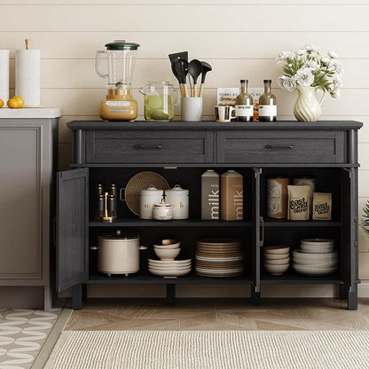 ONBRILL 55 Inch Buffet Cabinet with Storage, Farmhouse Sideboard Buffet w/2 Drawers and 3 Doors, Wood Coffee Bar Cabinet with Adjustable Shelves, Sideboard Storage for Kitchen, Living Room, Black