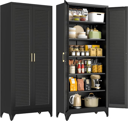 75" Metal Storage Cabinet with 5 Adjustable Shelves, Large Black Steel Pantry Cabinet with Doors, 180 lbs Max Load Per Shelf, Heavy Duty Utility Organizer for Garage & Workshop