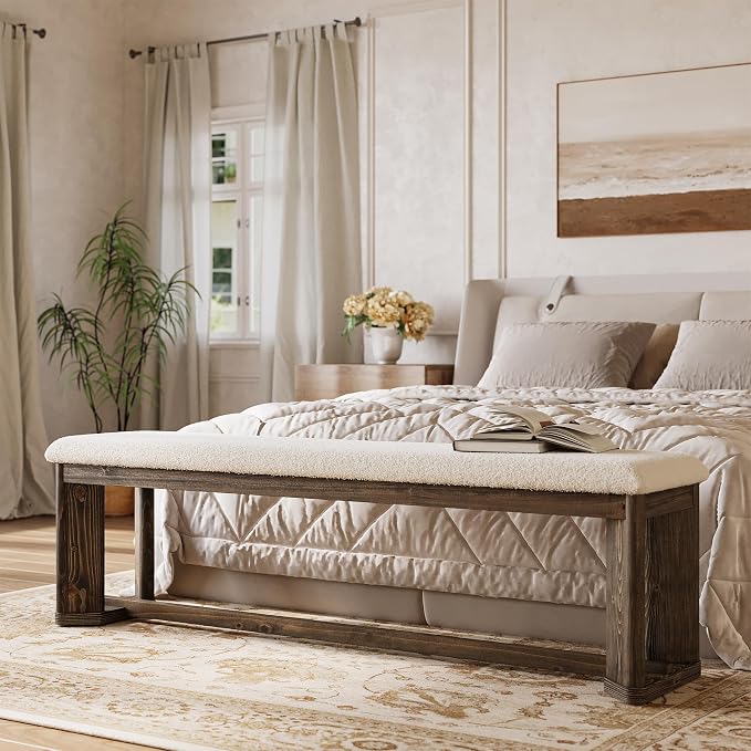 LITTLE TREE 63" Upholstered Bench, Solid Wood Entryway Shoe Bench with Cushion, Long Modern Farmhouse End of Bed Bench with Antique Brown Legs & Faux Lamb Fur Seat for Bedroom, Living Room, Dining