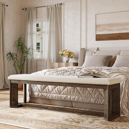 LITTLE TREE 63" Upholstered Bench, Solid Wood Entryway Shoe Bench with Cushion, Long Modern Farmhouse End of Bed Bench with Antique Brown Legs & Faux Lamb Fur Seat for Bedroom, Living Room, Dining