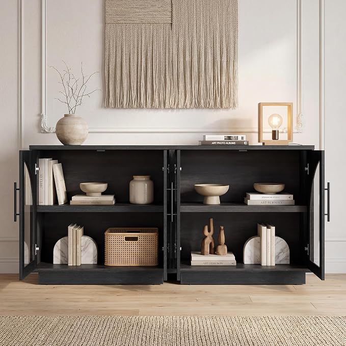 Fatmok Arched Glass Sideboard Buffet Accent Cabinet, 31.5" Display Credenza with Adjustable Shelf,1-Piece Modular Coffee Station Storage for Kitchen Living Room Bedroom, Black Grey