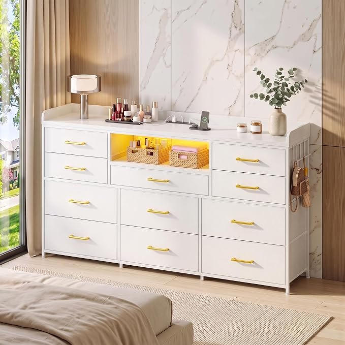 Bepatio LED Dresser for Bedroom with 11 Drawers,Power Strip,4 Hooks,White | Stylish Dressers & Chests of Drawers with 2 Wood Storage Shelves, TV Stand for 50/55/60 Inch TVs, Sturdy Metal Frame