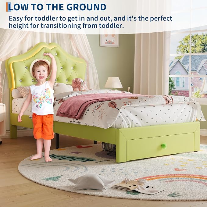 Twin Size Bed Frame for Girls with Storage Drawers & LED Lights, Upholstered Platform Bed, Velvet Crystal Button Princess Bed, Noise-Free Slats, No Box Spring Needed for Kids, Teens, Avocado Green