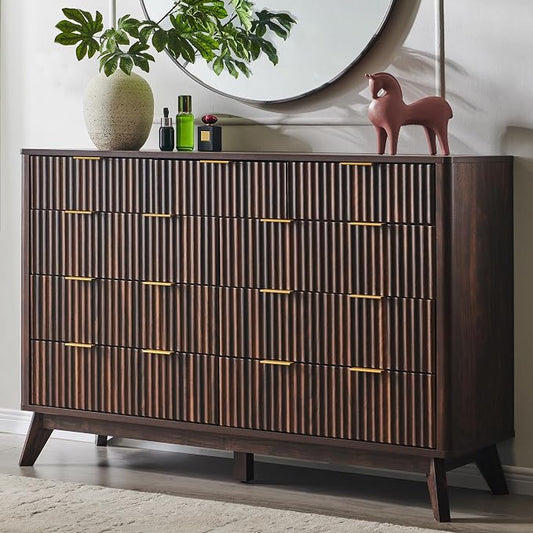 T4TREAM Fluted 9 Drawers Dresser, 54" Wide Modern Chest of Drawers, Curved Profile Design, Dresser TV Stand, Wood Drawer Organizer for Bedroom, Living Room, Hallway, Dark Walnut
