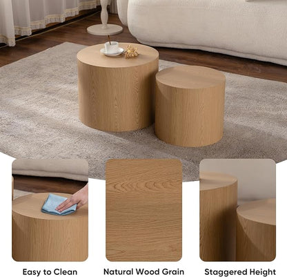 Nesting Round Coffee Table Set of 2, Small Circle Accent End Table for Small Spaces, Wooden Center Table, Morden Drum Side Table for Living Room, Fully Assembled - Natural