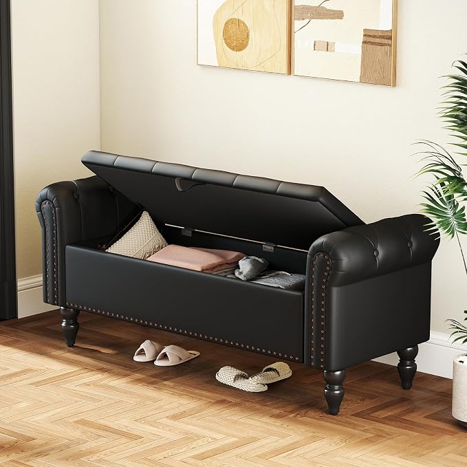 Furniliving 51” End of Bed Bench, Bedroom Bench with Button-Tufted, Large Upholstered Storage Ottoman Benches Entryway Bench with Storage Shoe Cabinet Bench, for Bedroom, Living Room, PU, Black