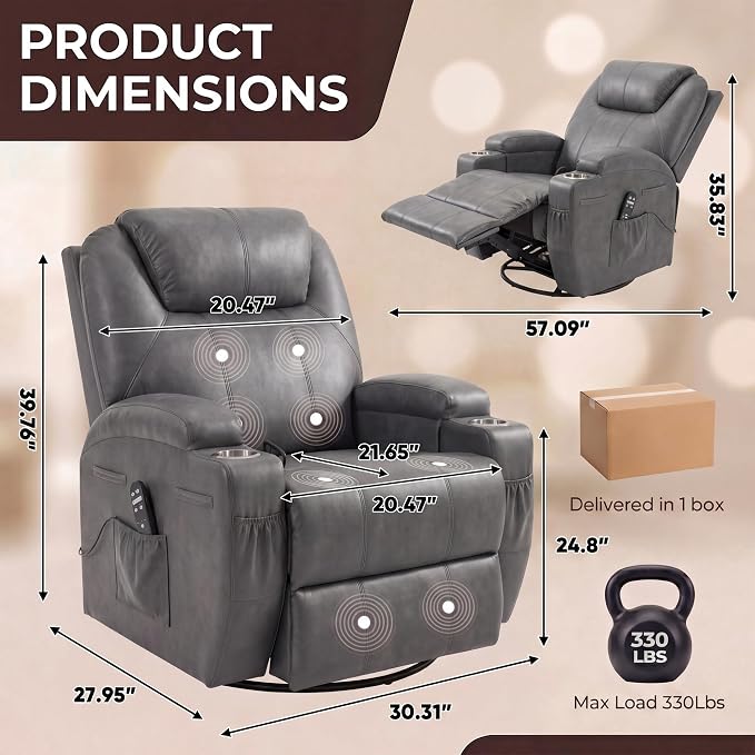 JUMMICO Small Swivel Rocker Recliner, 360 Rocking Chair Recliner with Massage, Upholstered Leathaire Rocker Recliner with Cup Holder for Living Room, Bedroom, Nursery (Dark Gray)