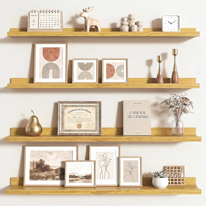 Axeman Picture Ledge Shelf | 40 Inch Floating Shelves Set of 4 | Oak Wall Shelves with Lip | Oak Picture Shelf for Wall with Ledge | Wood Photo Ledges for Living Room Bedroom