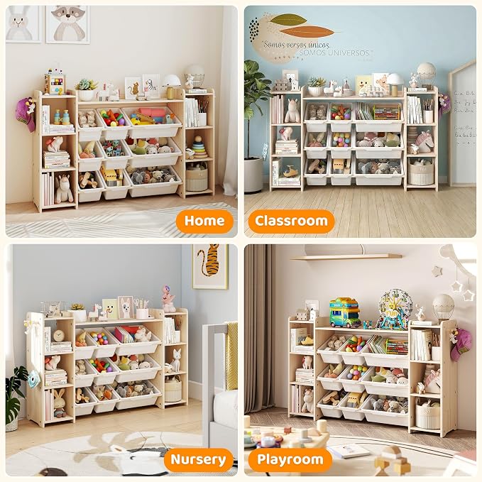 GITAWUSA Toy Storage Organizer, Kids Bookshelf with 6 Shelves, 9 Toy Bins & 6 Hooks | Toy Shelf, Storage Bin Unit, Toy Organization for Playroom, Nursery, Bedroom, Toddler Room, White, 57''W