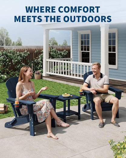 Folding Adirondack Chair Set of 4, All-Weather HDPE Outdoor Chair, Wooden Textured with Cup Holder for patios, Decks, Gardens, fire pits, Navy Blue
