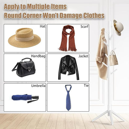 Aliphon Wooden Coat Rack Stand, Freestanding Coat Rack with 8 Hooks, 3 Adjustable Size Coat Tree for Hats, Coats, Scarves bags, Coat Hanger Stand Used in Bedroom/Office/Entryway, 2 PCS (White)