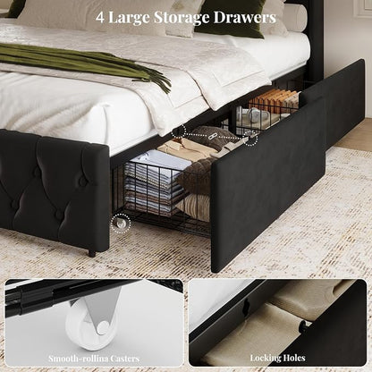 Queen Size Bed Frame and Headboard & 4 Storage Drawers, Upholstered Platform Bed Frame with RGB LED Lights & Charging Station, No Box Spring Needed, Easy Assembly, Noise-Free, Black