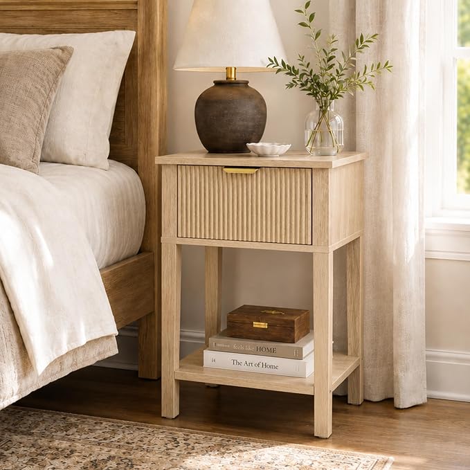 Natural Oak 15" Wide Small Nightstand with Drawer, Open Shelf, Fluted | Light oak tone, ribbed fluted front, 11.8-inch slim depth, concealed storage, airy fit for bedside, sofa side, or chair side