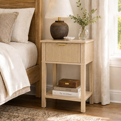 Natural Oak 15" Wide Small Nightstand with Drawer, Open Shelf, Fluted | Light oak tone, ribbed fluted front, 11.8-inch slim depth, concealed storage, airy fit for bedside, sofa side, or chair side