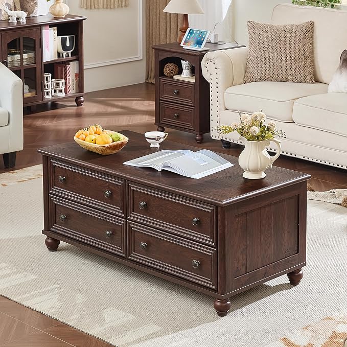 RWYHG 48" Farmhouse Coffee Table with Hidden Storage,Wooden Coffee Tables with 4 Drawers & Roman Column Handle,Rectangular Rustic Center Table with Solid Wood Curved Base for Living Room,Office,Walnut