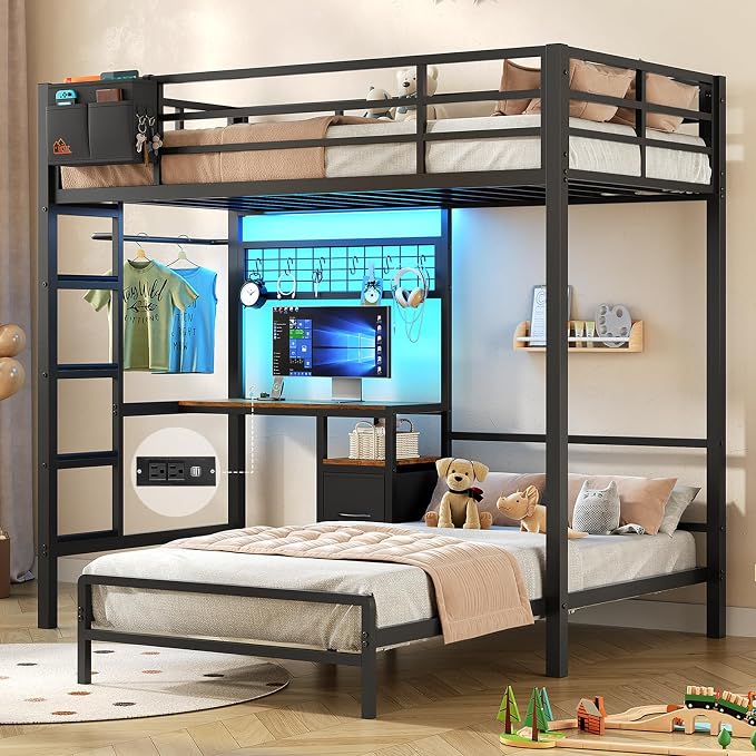 DICTAC Bunk Bed Twin Over Twin with Desk,Led Lights and Charging Station twin Bunk Beds with Storage Drawers and Shelves,Metal L-Shaped for kids with Safety Guardrail&Ladder,No Box Spring Needed,Black
