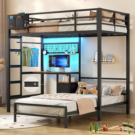 DICTAC Bunk Bed Twin Over Twin with Desk,Led Lights and Charging Station twin Bunk Beds with Storage Drawers and Shelves,Metal L-Shaped for kids with Safety Guardrail&Ladder,No Box Spring Needed,Black