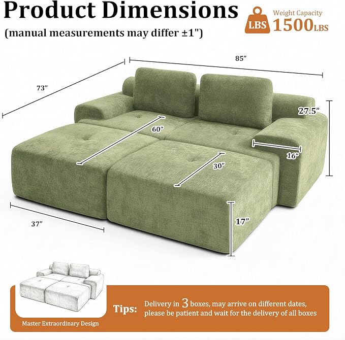 85" Oversized Boneless Couch, Comfort Cloud Sectional Couches for Living Room, Modular Sofa High Back & Extra Deep Seat, No Assembly, Soft Chenille Fabric (Olive Green, 85 inch- Shaped（2+2）)