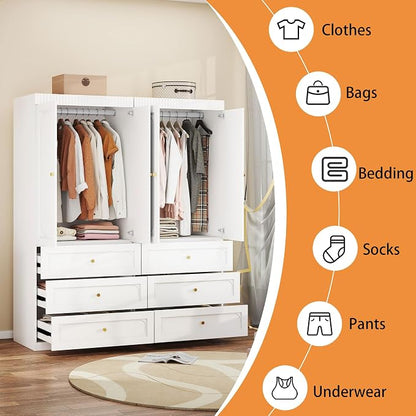 Wooden Wardrobe Closet with Doors: 75" Tall White Armoire Wardrobe Closet with 6 Drawers and 4 Doors, Modern Clothes Cabinets for Bedroom Armoires with Hanging Rod (6-Drawers, 63")