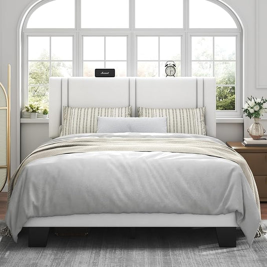 Feonase Full Size Platform Bed Frame, Velvet Upholstered Full Bed Frame, Solid Wood Slats & Heavy Duty Feet Support, No Box Spring Needed, Noise-Free, Easy Assembly, White