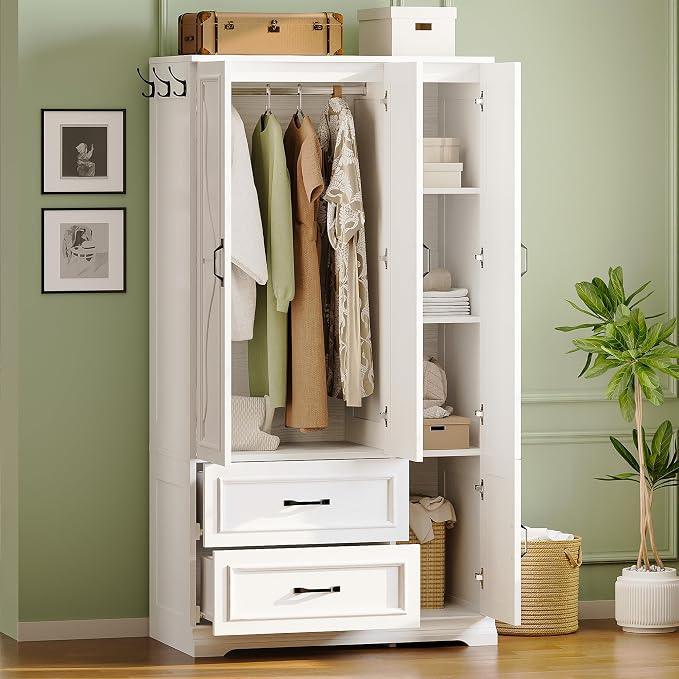LIKIMIO Armoire Wardrobe Closet with 4 Doors and Drawers, Wardrobe Cabinet with Storage Shelves and Side Hooks, Clothing Storage Cabinet for Bedroom, White