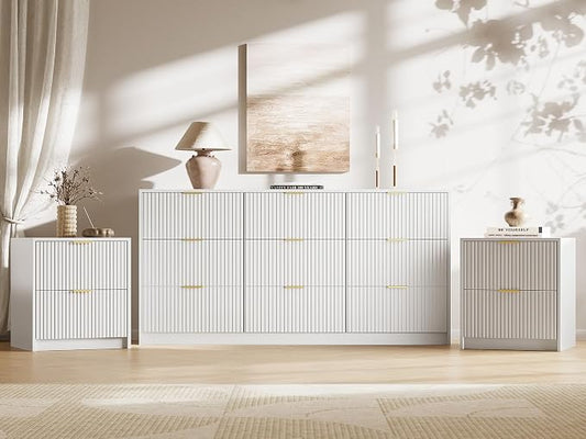 MAISONARIA 3-Piece Dresser Bedroom Set, 9 Drawer Dresser & 2 Drawer Nightstands with Gold Handles, Fluted Wood Chest of Drawers for Bedroom, Living Room, Entryway, White