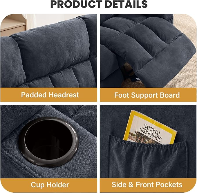 BOSMILLER Reclining Sofa with Cup Holders for Living Room 3 Seat Manual Sofa Recliner with Side Pocket