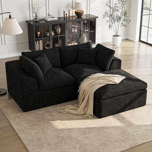 Loveseat Sofa with Ottoman | 72 Inch Modern Boneless Couch for Small Spaces | 2 Seater Small Sofa for Apartment Bedroom Living Room | BlackLove Seat