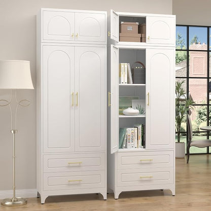 SteeLoong Kitchen Pantry Cabinet，90" Storage Cabinets with Doors and Shelves,Metal Pantry Cabinet with 2 Drawers,White Kitchen Cupboard for Livingroom,Pantry, Bathroom