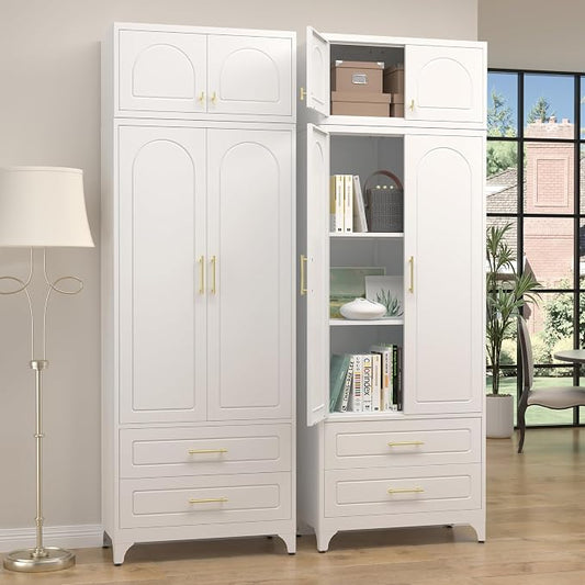 SteeLoong Kitchen Pantry Cabinet，90" Storage Cabinets with Doors and Shelves,Metal Pantry Cabinet with 2 Drawers,White Kitchen Cupboard for Livingroom,Pantry, Bathroom
