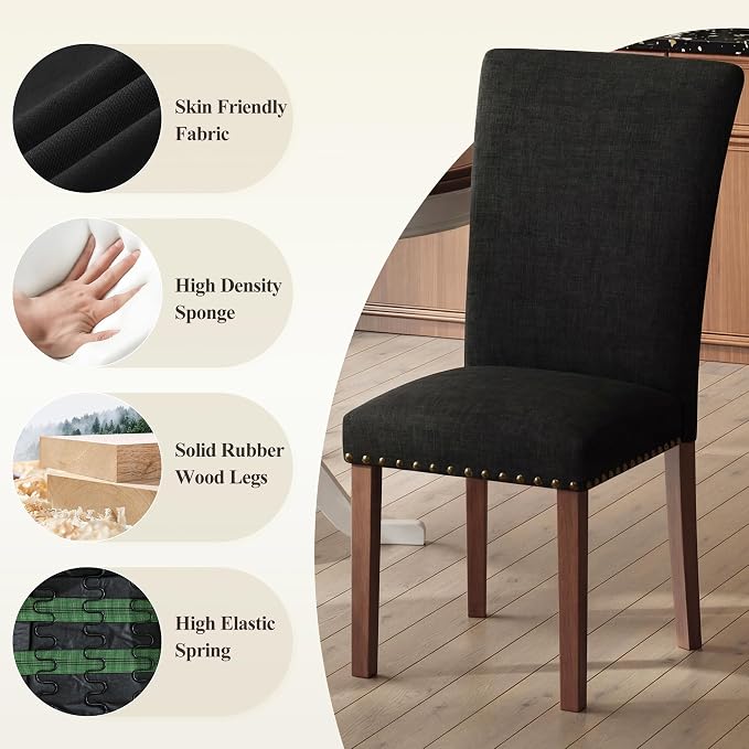 MALOL Dining Chairs Set of 4, High Back Dining Chair with Wood Legs and Nailhead Trim, Modern Padded Kitchen Room Chairs for Dining Room/Restaurant, Black