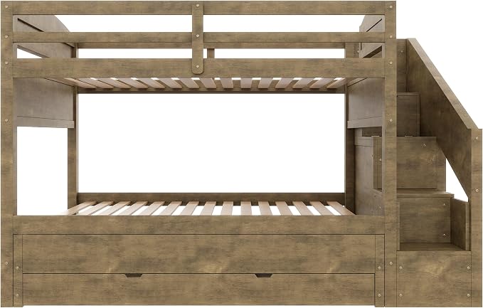 RUNNA Twin XL Bunk Bed with Trundle, Storage Stairs,Kids Bedroom,Walnut | Twin XL bunk bed with trundle, storage stairs, solid wood frame, guardrails, no box spring needed,Walnut, space saving