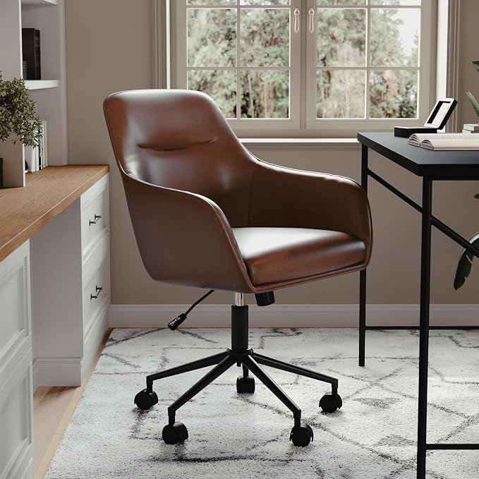 Martha Stewart Rayna Swivel Task Chair with Flared Arms for Home Office in Saddle Brown Faux Leather with Oil Rubbed Bronze Frame