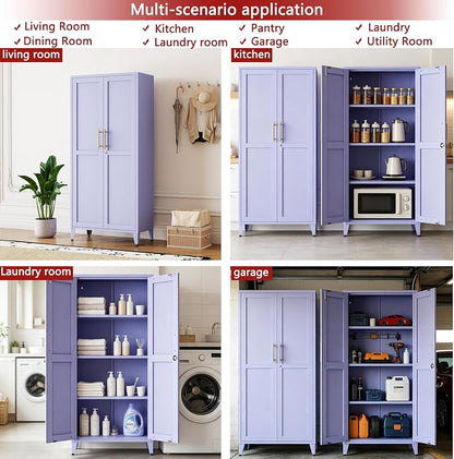 Lockable 61 Inch Tall Metal Storage Cabinet with Adjustable Shelves,4-Tier Steel Storage Locker,2-Door Metal Display Cabinet for Bedroom,Living Room, Home Office Purple