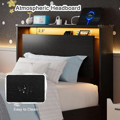 Einhomn Twin Bed Frames with LED Lights and Charging Station - Wood Floating Bed Frame with Storage Headboard, Adhesive Slats, Kick-Free & Noise-Free Design, Easy Assembly, Black
