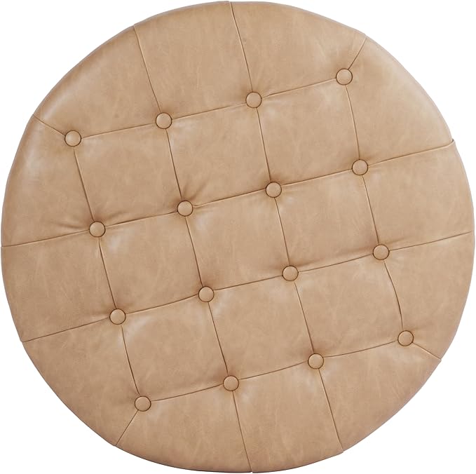 HomePop 28" Button Round Storage Ottoman - Light Camel Faux Leather