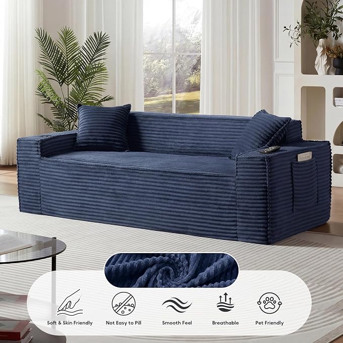 Boneless Sectional Sofa Couch with Cup Holders & Side Pockets, Modern Corduroy Fabric Deep Seat 3-seat Cloud Couch for Living Room Office, No Assembly (Blue)