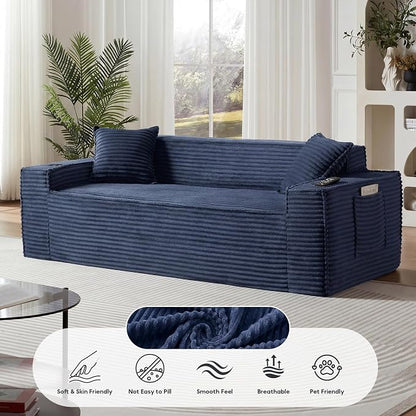Boneless Sectional Sofa Couch with Cup Holders & Side Pockets, Modern Corduroy Fabric Deep Seat 3-seat Cloud Couch for Living Room Office, No Assembly (Blue)