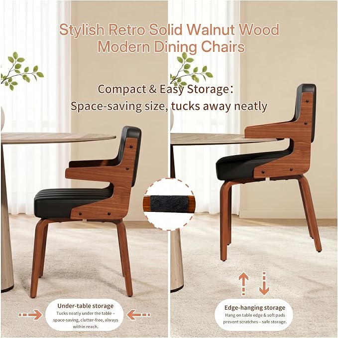 Dining Chairs Set of 4 with Hanging Armrest Black | Set of 4 with hanging armrests for compact table-edge storage. Walnut frame with premium faux leather upholstery