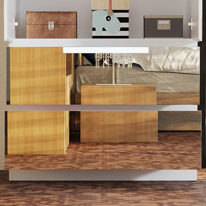 WOODTIME Wardrobe Closet with All Mirror, Wooden Armoire with 2 Doors, 2 Drawers & Hanging Rod, Clothes Storage Cabinet Organizer for Bedroom Apartment, White