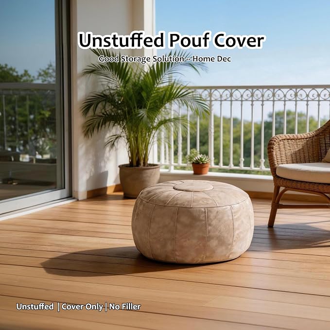 Thgonwid Unstuffed Moroccan Storage Pouf Foot Stool Ottoman Seat Handmade Faux Leather Bean Bag Floor Chair Foot Rest for Living Room, Bedroom or Balcony (Mushroom)