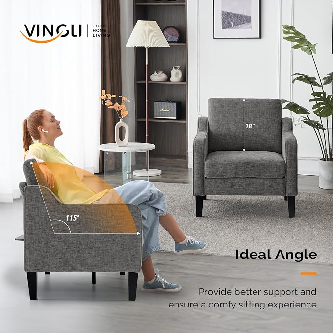VINGLI Mid Century Modern Accent Chair - Soft Chenille Upholstered Comfy Armchair for Living Room, Bedroom, Home Office, Apartment, Studio (Light Grey)