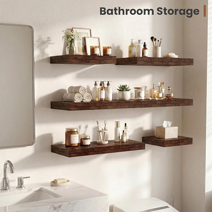 Vivelove 12" Deep Floating Shelves for Wall 36" Long, Wall Shelves for Bedroom Living Room Bathroom Kitchen Laundry Room, Farmhouse Rustic Shelves for Home Decor, 36" X 12" X 2" Set Of 2, Rustic Brown
