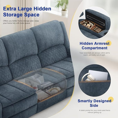 3+1 Manual Recliner Sofa, Maximum Load Capacity 1800lbs & Ergonomics Design, Multi-Functional Middle Seat & Home Theater Seating with Removable Armrest and Storage for RV Living Room (Fabric,Blue)